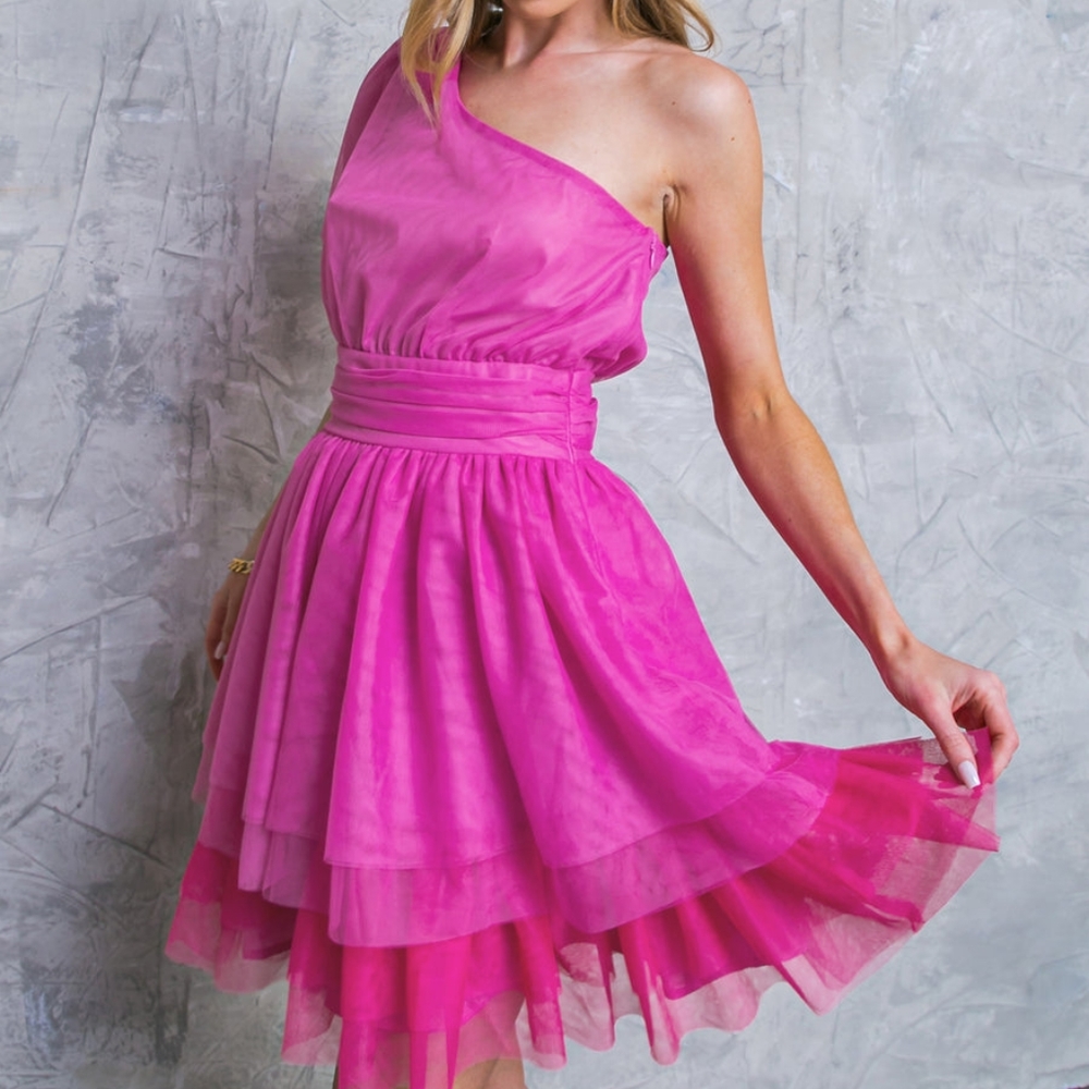 Flying Tomato LE MILIE ROSE MINI DRESS small pink tulle one shoulder dress - Picture 3 of 3